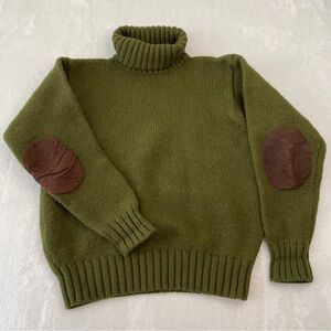 VTG J Crew Mens Olive Green Turtleneck 100% Wool Leather Patch Knit Sweater Sz M